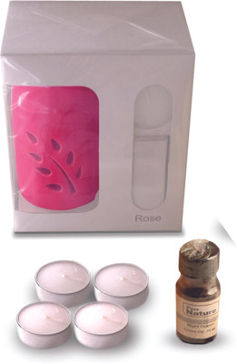 55% OFF on Pure Source Ceramic Aroma Set with 10 ml Aroma Oil and 4 Tea Candles Rose Liquid Air Freshener