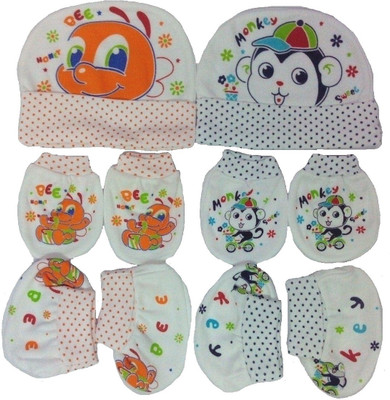 Kerokid Honey Bee & Sweet Monkey Mittens Booties Caps Baby Care Combo Set (Multicolor)