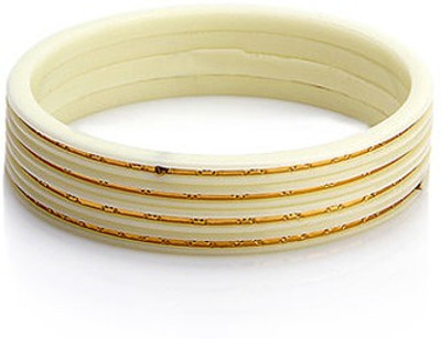 Ratnakar set of 4 White chudai in golden border Acrylic Yellow Gold Plated Bangle Set Pack of 4