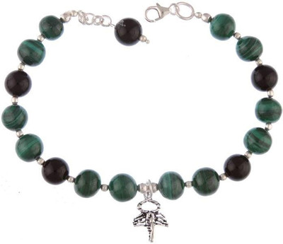 Exotic India Elephant Head Charm Sterling Silver Malachite, Onyx Bracelet