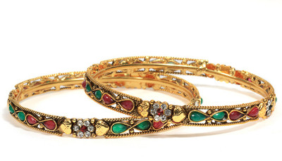 Bindhani Floral Alloy Cubic Zirconia 10K White Gold Plated Bangle Set Pack of 2