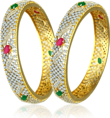 70% OFF on American Diamond Beautiful Copper, Brass Diamond, Ruby, Emerald 18K Yellow Gold, Rhodium Plated Bangle Set Pack of 2