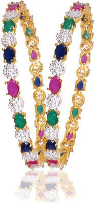54% OFF on American Diamond Beautiful Brass, Copper Cubic Zirconia, Ruby, Emerald, Sapphire 18K Yellow Gold, Rhodium Plated Bangle Set Pack of 2