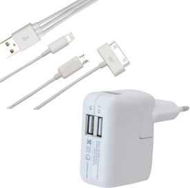 Vtc Dual Port Wall Adaptor With 3 In 1 Usb Data Cable For Apple I Phone 4,4s,5,5s,6,6plus & Samsung Battery Charger (white)