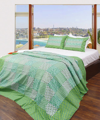 33% OFF on A'la Mode Creations Cotton Pintex Double Bedspread with 2 Pillow Covers, Green color Jacquard Bedding Set