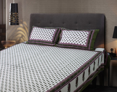 26% OFF on eCraftIndia Cotton Printed Double Bedsheet 1 Double Bedsheet + 2 Pillow Covers, Green and Purple