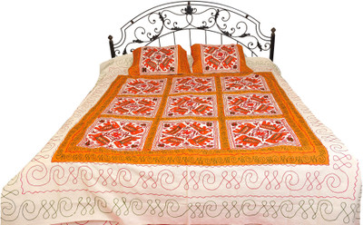 16% OFF on Exotic India Cotton Embroidered Double Bedsheet 1 Bedspread, 2 Pillow Covers, Orange