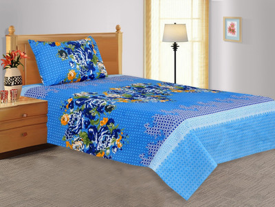 27% OFF on Salona Bichona Polycotton Floral Single Bedsheet 1 Single Bedsheet, 1 Pillow Cover, Blue
