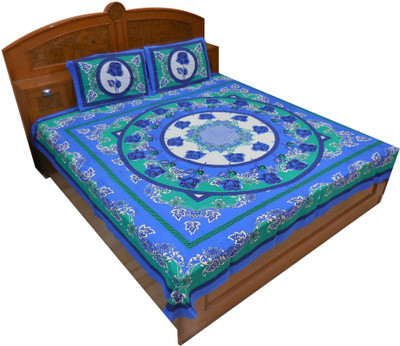 16% OFF on Kismat Collection Cotton Printed Double Bedsheet 2 Pillow Cover, BedSheet, Blue, White