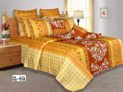 26% OFF on Salona Bichona Cotton Paisley Double Bedsheet 1 Double Bedsheet, 2 Pillow covers, 2 Cushion covers, Yellow