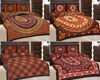 51% OFF on GRJ India Cotton Printed Double Bedsheet 4 Bedsheet, 8 Pillow Cover, Multicolor