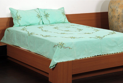 Unique Crafts Cotton Embroidered Double Bedsheet 1 Bedsheet, 2 Pillow Cover, Blue