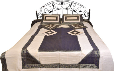 15% OFF on Exotic India Silk Floral Double Bedsheet 1 Bedsheet, 2 Pillow Covers, 4 Cushion Covers, White