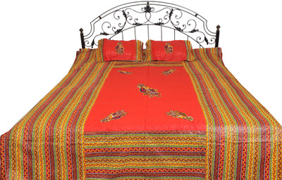 16% OFF on Exotic India Cotton Embroidered Double Bedsheet 1 Bedsheet, 2 Pillow Covers, Red