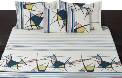 Livanto Cotton Abstract Queen Bedsheet 1 Bedsheet, 2 Pillow Covers, Blue, White