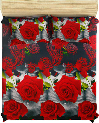 33% OFF on Evion Cotton Floral Queen Bedsheet 1 Bedsheet, 2 Pillow Covers, Black, Red