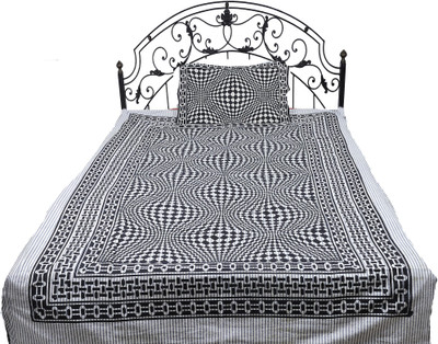 15% OFF on Exotic India Cotton Checkered Single Bedsheet Bedsheet, 2 Pillow Covers, Frost-Gray and Black