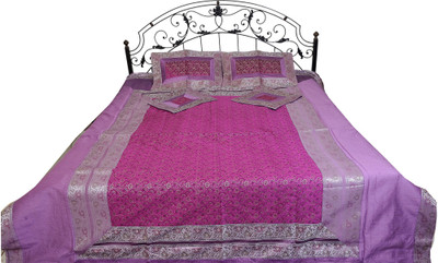 15% OFF on Exotic India Silk Paisley Double Bedsheet 1 Bedsheet, 2 Pillow Covers, 4 Cushion Covers, Purple