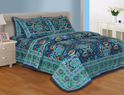28% OFF on Salona Bichona Cotton Floral Double Bedsheet 1 Bedsheet, 2 Pillow Covers, Blue