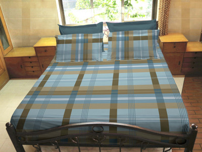 50% OFF on Hemlines Cotton Checkered Double Bedsheet 1 Bedsheet, 2 Pillow Covers, Blue||Brown||White