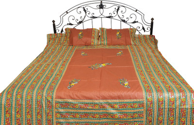 16% OFF on Exotic India Cotton Embroidered Double Bedsheet 1 Bedsheet, 2 Pillow Covers, Brown