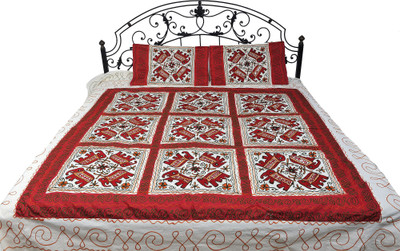 15% OFF on Exotic India Cotton Embroidered Double Bedsheet Bedsheet, 2 Pillow Covers, Ivory and Red