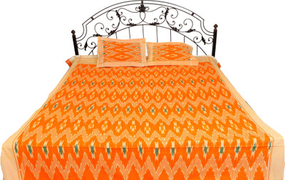 16% OFF on Exotic India Cotton Ikat Double Bedsheet 1 Bedspread, 2 Pillow Covers, Orange