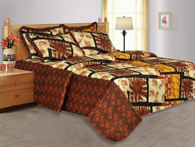 30% OFF on Salona Bichona Cotton, Satin Abstract Double Bedsheet 1 Bedsheet, 2 Pillow Covers, Brown