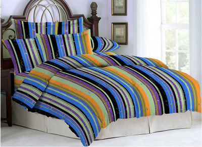Bombay Dyeing Polycotton Striped Double Bedsheet 2 Pillow Covers, 1 Bedsheet, Multicolor
