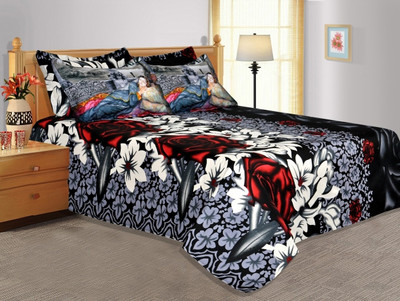 26% OFF on Salona Bichona Cotton, Satin Floral King Bedsheet 1 Bedsheet, 2 Pillow Covers, Black