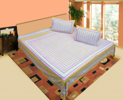 67% OFF on Lali Prints Cotton Batik Double Bedsheet 1 Bedsheet, 2 Pillow Covers, White, Yellow