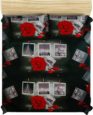 30% OFF on Evion Cotton Floral Queen Bedsheet 1 Bedsheet, 2 Pillow Covers, Black, White, Red