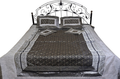 15% OFF on Exotic India Silk Paisley Double Bedsheet 1 Bedsheet, 2 Pillow Covers, 4 Cushion Covers, Grey