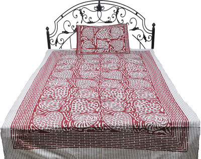 15% OFF on Exotic India Cotton Printed Single Bedsheet Bedsheet, 2 Pillow Covers, Gray and Red