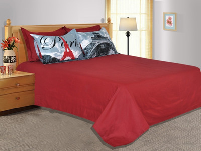 25% OFF on Salona Bichona Cotton, Satin Solid King Bedsheet 1 King Size Bedsheet, 4 Pillow covers, Red