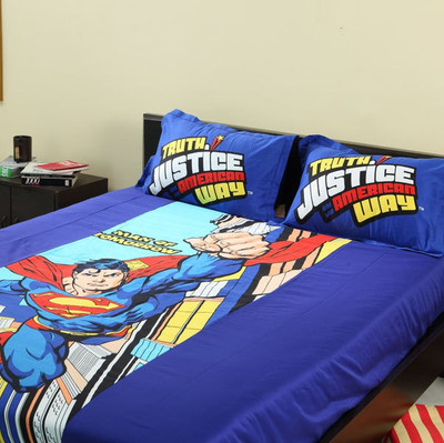 Portico New York Satin Geometric Single Bedsheet 1 Bedsheet, 1 Pillow Cover, Blue