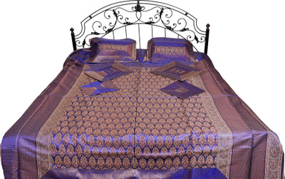 15% OFF on Exotic India Silk Paisley Double Bedsheet 1 Bedsheet, 2 Pillow Covers, 4 Cushion Covers, Blue