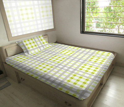 50% OFF on Hemlines Cotton Plaid Single Bedsheet 1 Bedsheet, 1 Pillow Cover, Green, Grey, White