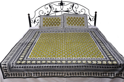 15% OFF on Exotic India Cotton Printed Double Bedsheet Bedsheet, 2 Pillow Covers, Green and Black