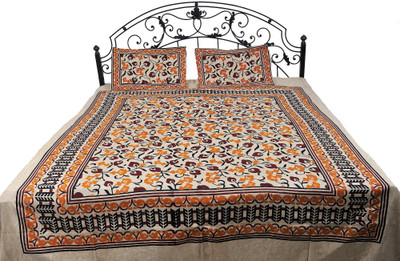 15% OFF on Exotic India Cotton Printed Double Bedsheet Bedsheet, 2 Pillow Covers, Garnet Red On Beige
