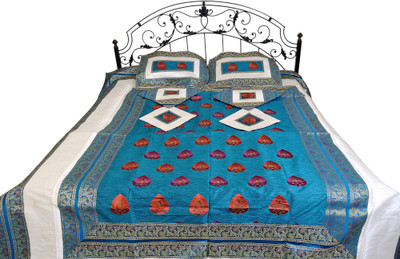16% OFF on Exotic India Silk Floral Double Bedsheet 1 Bedspread, 2 Pillow Covers, 4 Cushion Covers, Blue