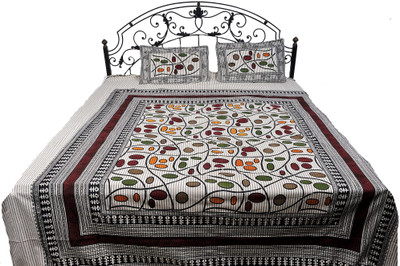 16% OFF on Exotic India Cotton Printed Double Bedsheet 1 Bedspread, 2 Pillow Covers, Cream