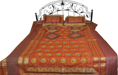 15% OFF on Exotic India Silk Embroidered Double Bedsheet 1 Bedspread, 2 Pillow Covers, 4 Cushion Covers, Red