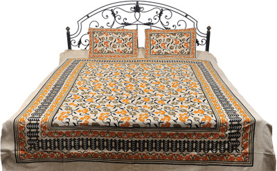15% OFF on Exotic India Cotton Printed Double Bedsheet Bedsheet, 2 Pillow Covers, Lichen Green On Beige