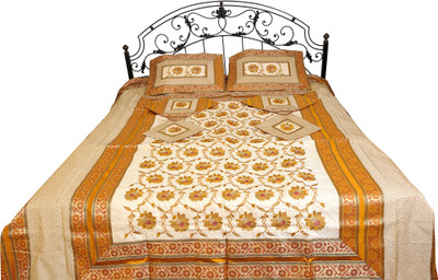 16% OFF on Exotic India Silk Embroidered Double Bedsheet 1 Bedspread, 2 Pillow Covers, 4 Cushion Covers, Brown