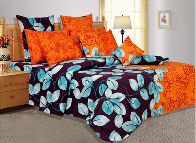 Salona Bichona Cotton Printed Double Bedsheet 1 Bedsheet, 2 Pillow Covers, Purple||Orange