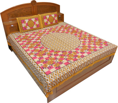 15% OFF on Kismat Collection Cotton Printed Double Bedsheet 2 Pillow Cover, BedSheet, White, Orange