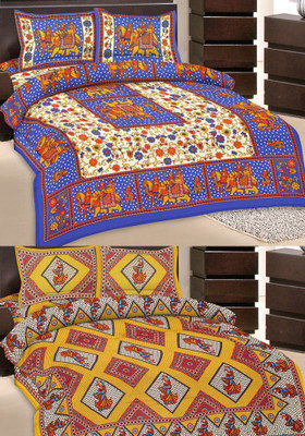 53% OFF on GRJ India Cotton Printed Double Bedsheet 2 Bedsheet, 4 Pillow Cover, Multicolor