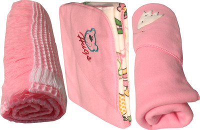 My NewBorn Cartoon Single Fleece Blanket Pink (Pack Of 3 With Shawl Classic Fleece And Reversible Fleece In Pink Color)