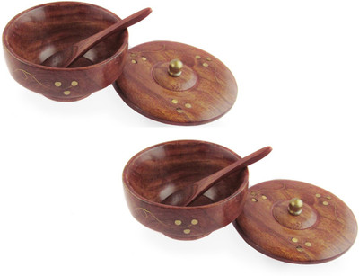 56% OFF on Pindia Fancy Set of 2 With Covering Plate and Free Wooden Spoons Wooden, Brass Bowl Set Brown, Gold, Pack of 2